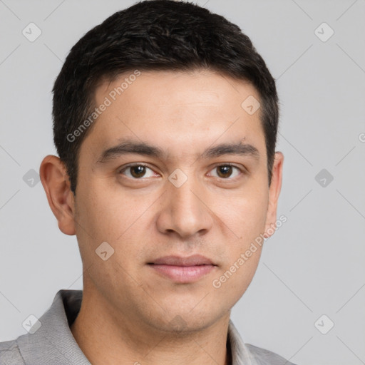 Joyful white young-adult male with short  black hair and brown eyes