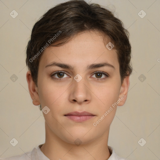 Neutral white young-adult female with short  brown hair and brown eyes