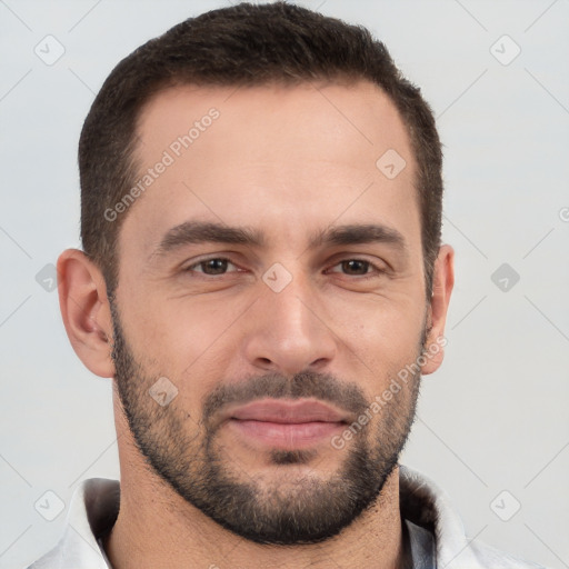 Joyful white young-adult male with short  brown hair and brown eyes