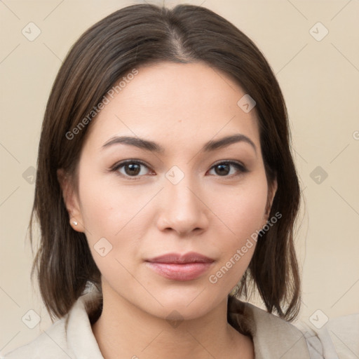 Neutral white young-adult female with medium  brown hair and brown eyes