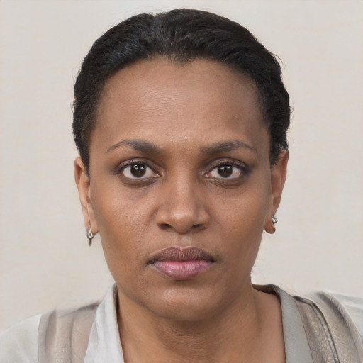 Joyful black young-adult female with short  black hair and brown eyes