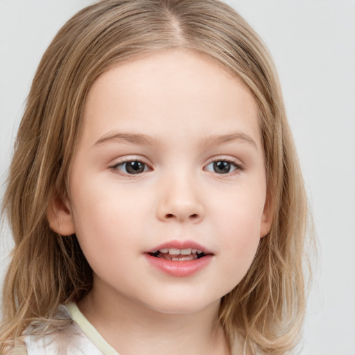 Neutral white child female with medium  brown hair and blue eyes