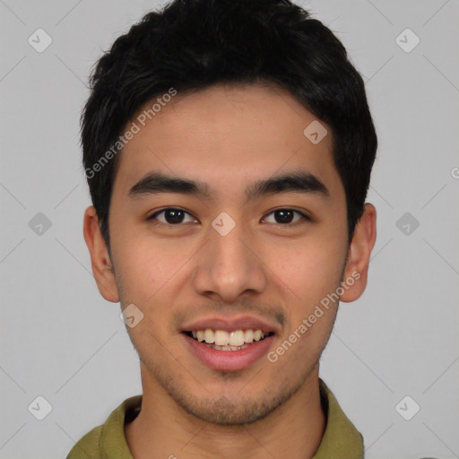 Joyful latino young-adult male with short  black hair and brown eyes