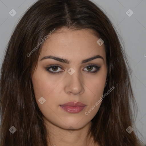 Neutral white young-adult female with long  brown hair and brown eyes