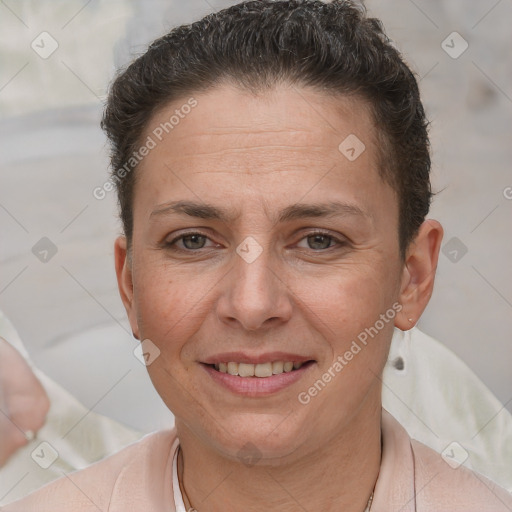 Joyful white adult female with short  brown hair and brown eyes