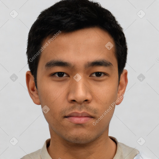Neutral asian young-adult male with short  black hair and brown eyes