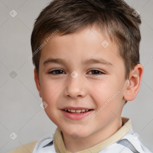 Joyful white child male with short  brown hair and brown eyes