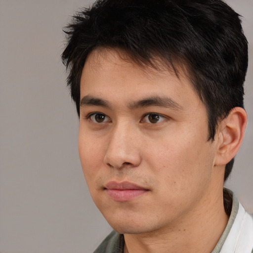 Neutral asian young-adult male with short  brown hair and brown eyes