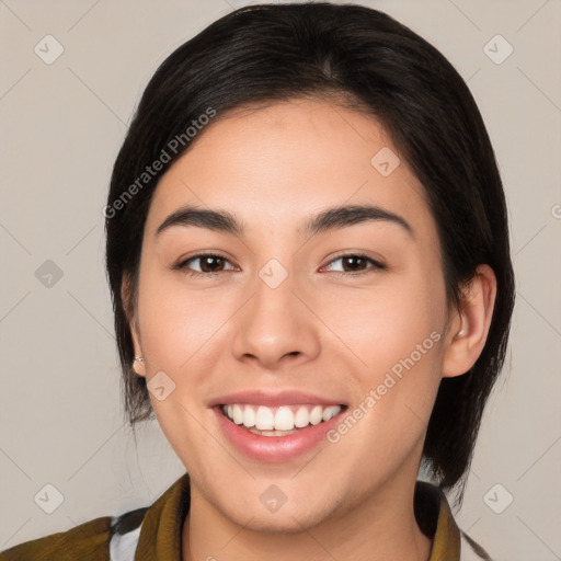 Joyful white young-adult female with medium  brown hair and brown eyes