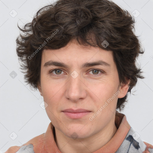 Joyful white young-adult male with medium  brown hair and brown eyes