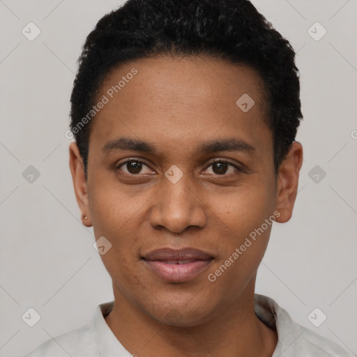 Joyful black young-adult male with short  black hair and brown eyes