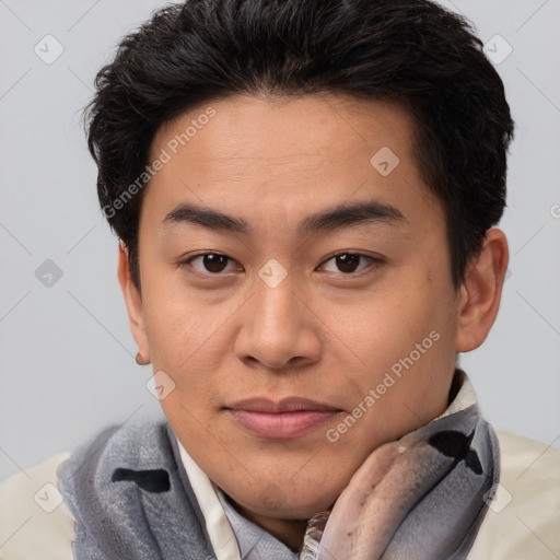 Joyful latino young-adult male with short  brown hair and brown eyes