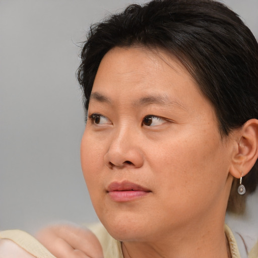 Joyful asian adult female with short  brown hair and brown eyes