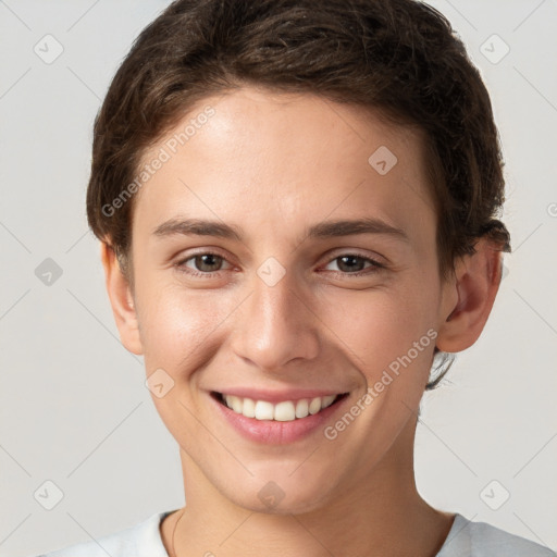 Joyful white young-adult female with short  brown hair and brown eyes