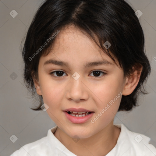 Joyful white child female with medium  brown hair and brown eyes