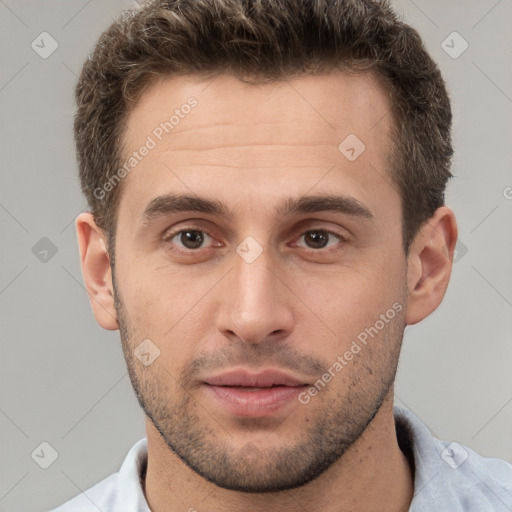 Neutral white young-adult male with short  brown hair and brown eyes