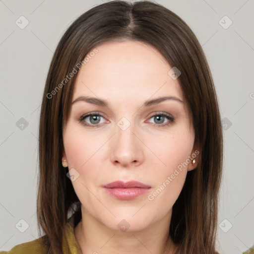 Neutral white young-adult female with long  brown hair and brown eyes