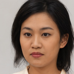 Neutral asian young-adult female with medium  brown hair and brown eyes