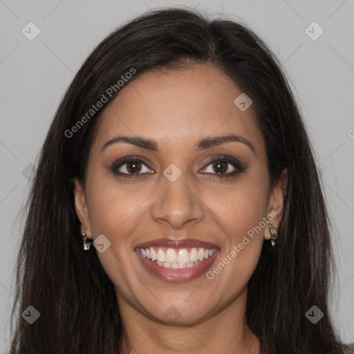 Joyful latino young-adult female with long  brown hair and brown eyes