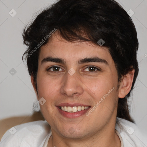 Joyful white young-adult male with medium  brown hair and brown eyes