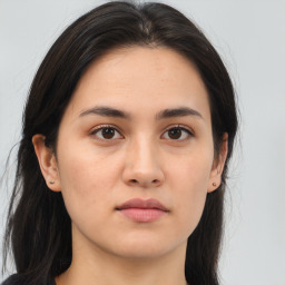 Neutral asian young-adult female with long  brown hair and brown eyes