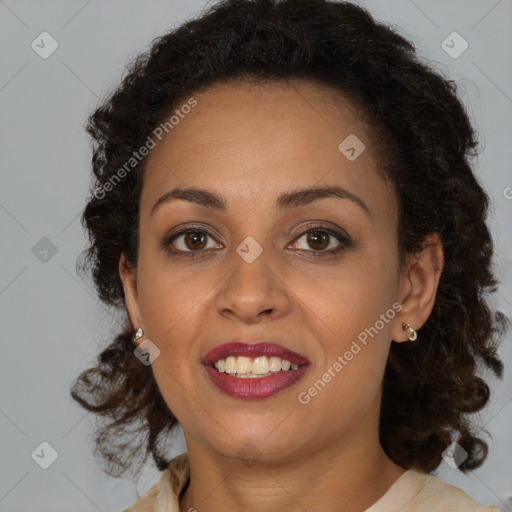 Joyful black young-adult female with medium  brown hair and brown eyes