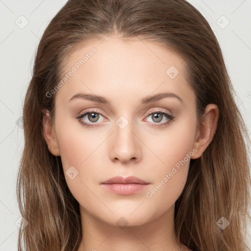 Neutral white young-adult female with long  brown hair and grey eyes