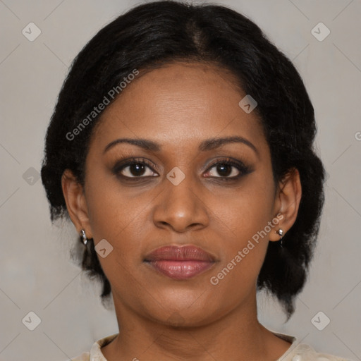 Joyful black young-adult female with medium  brown hair and brown eyes