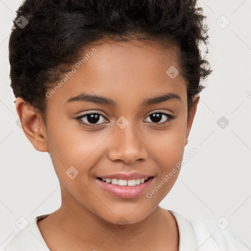 Joyful white child female with short  brown hair and brown eyes