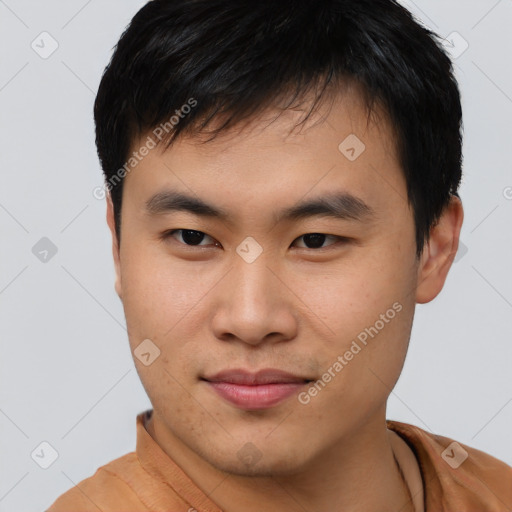 Neutral asian young-adult male with short  black hair and brown eyes