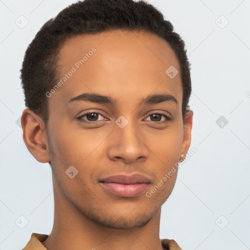 Joyful latino young-adult male with short  brown hair and brown eyes