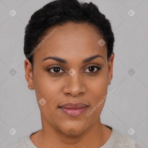 Joyful latino young-adult female with short  black hair and brown eyes