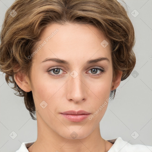 Neutral white young-adult female with medium  brown hair and grey eyes