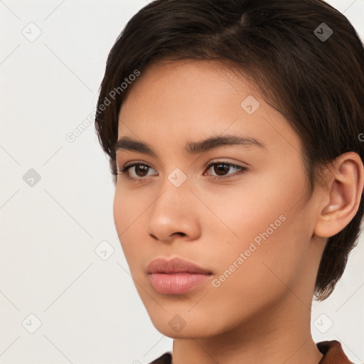 Neutral white young-adult female with short  brown hair and brown eyes