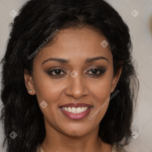 Joyful latino young-adult female with long  brown hair and brown eyes