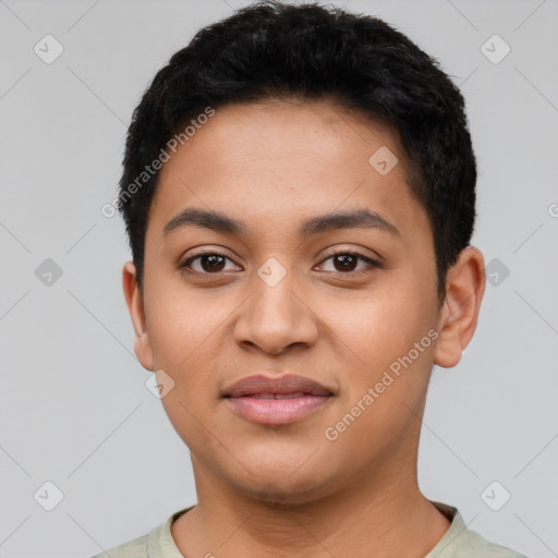 Joyful latino young-adult female with short  black hair and brown eyes