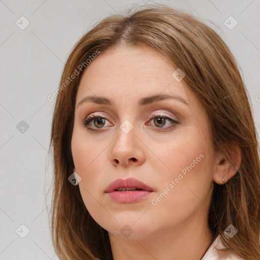 Neutral white young-adult female with long  brown hair and brown eyes