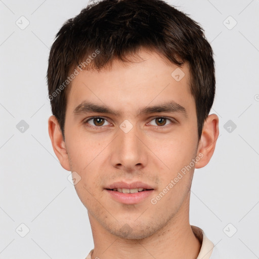 Neutral white young-adult male with short  brown hair and brown eyes