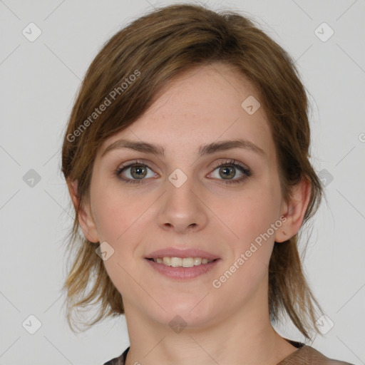 Joyful white young-adult female with medium  brown hair and grey eyes