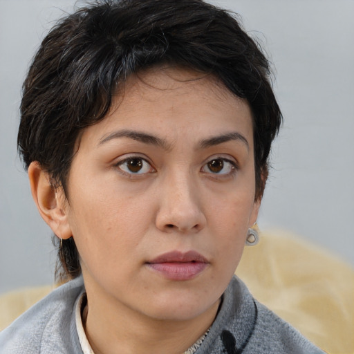 Neutral white young-adult female with medium  brown hair and brown eyes