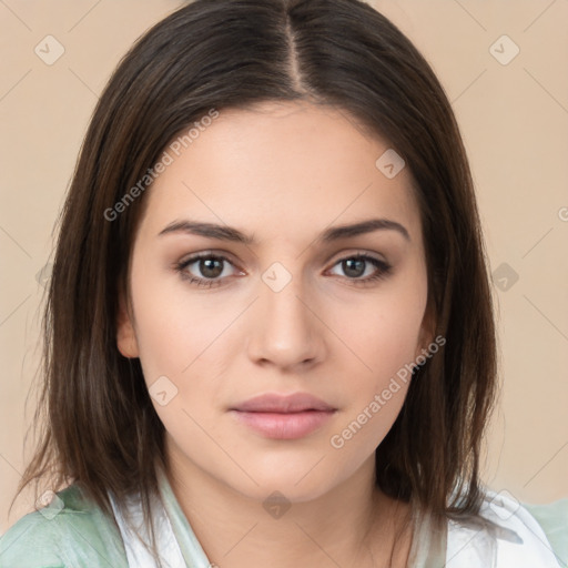 Neutral white young-adult female with medium  brown hair and brown eyes