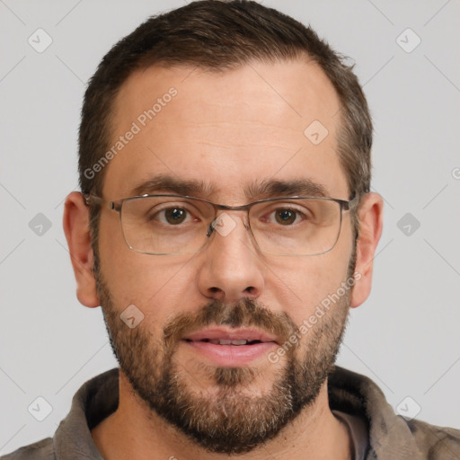 Neutral white adult male with short  brown hair and brown eyes