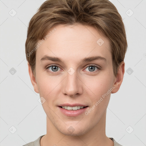 Joyful white young-adult female with short  brown hair and grey eyes