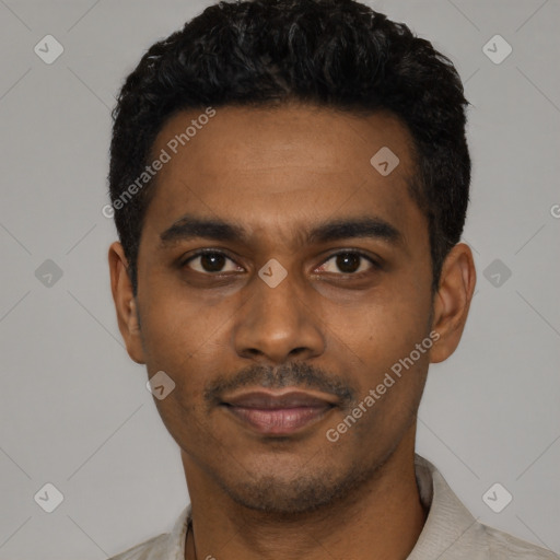 Neutral latino young-adult male with short  black hair and brown eyes