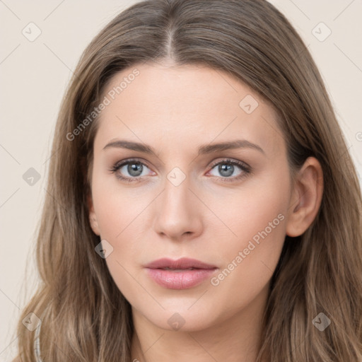 Neutral white young-adult female with long  brown hair and grey eyes