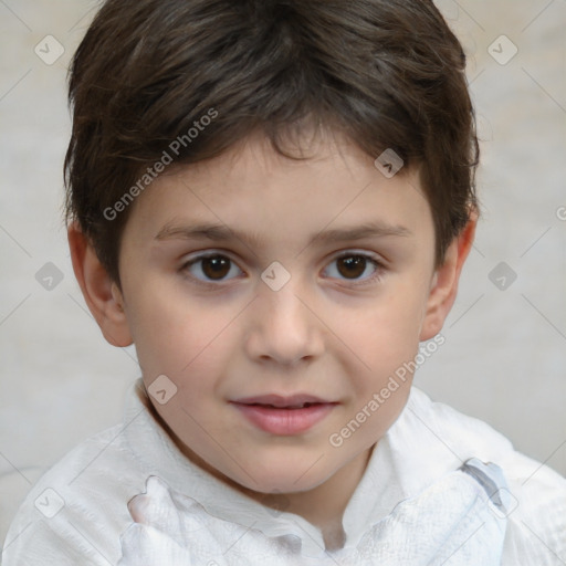 Joyful white child female with short  brown hair and brown eyes