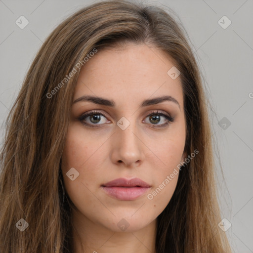 Neutral white young-adult female with long  brown hair and brown eyes