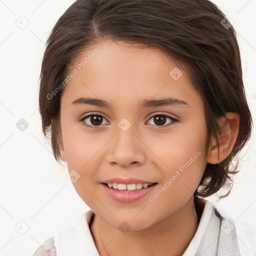 Joyful white child female with medium  brown hair and brown eyes