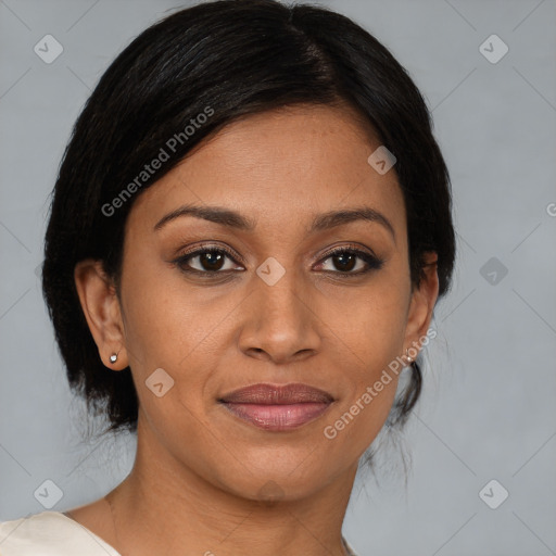 Joyful black young-adult female with medium  brown hair and brown eyes