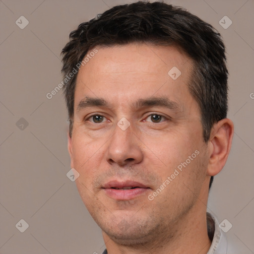 Neutral white adult male with short  brown hair and brown eyes